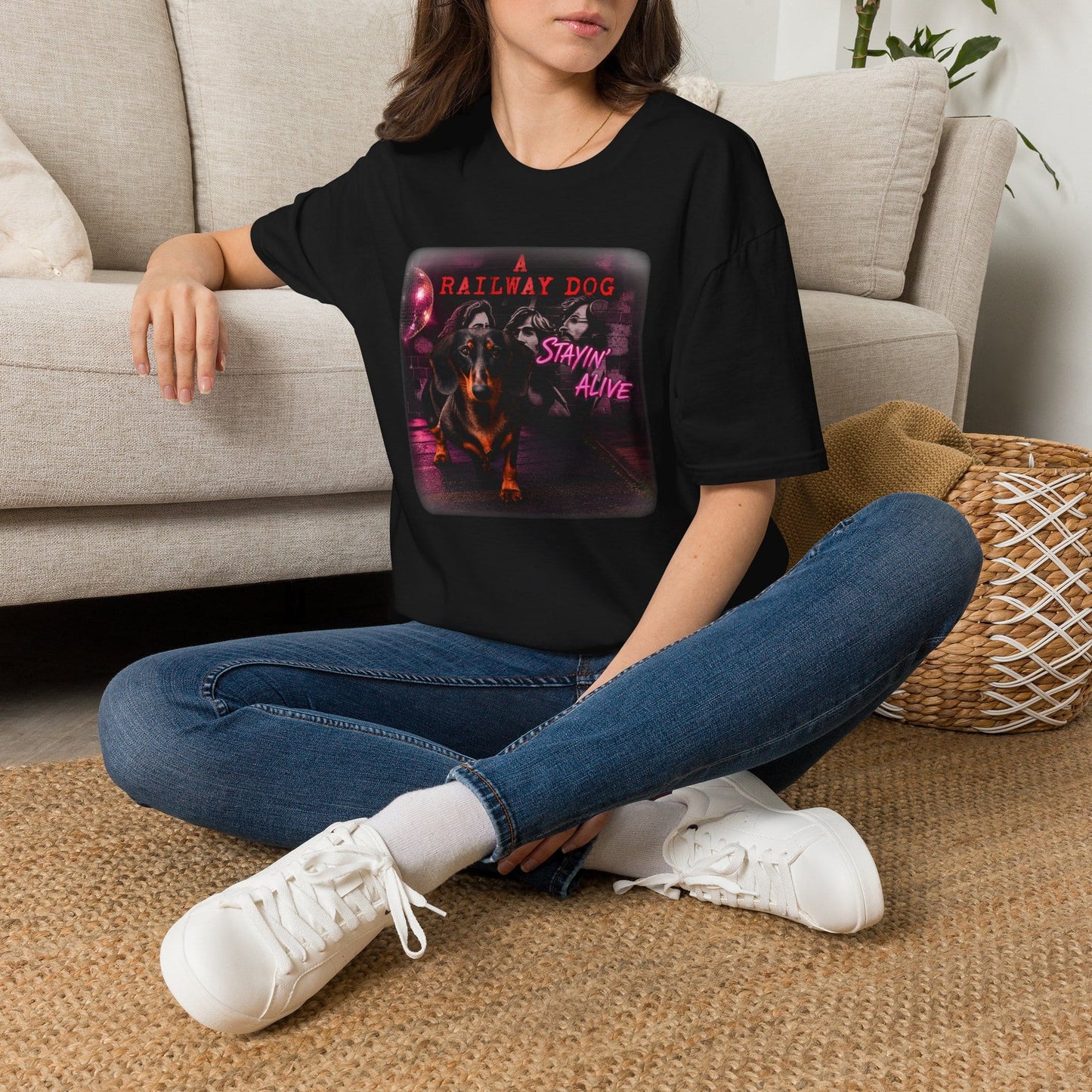 Dachshund Railway Dog Stayin' Alive T-Shirt | Retro Band Graphic Tee