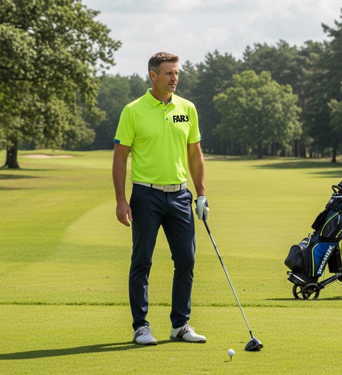 Man in a bright green shirt on a golf course with trees and a cloudy sky in the background.