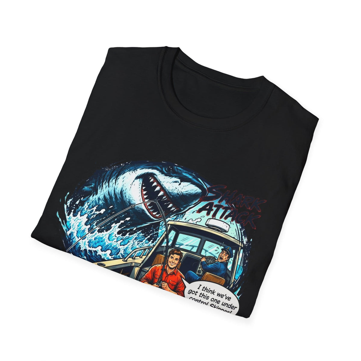 Shark Attack Fishing Graphic T-Shirt | Retro Boat Comic Humor Tee