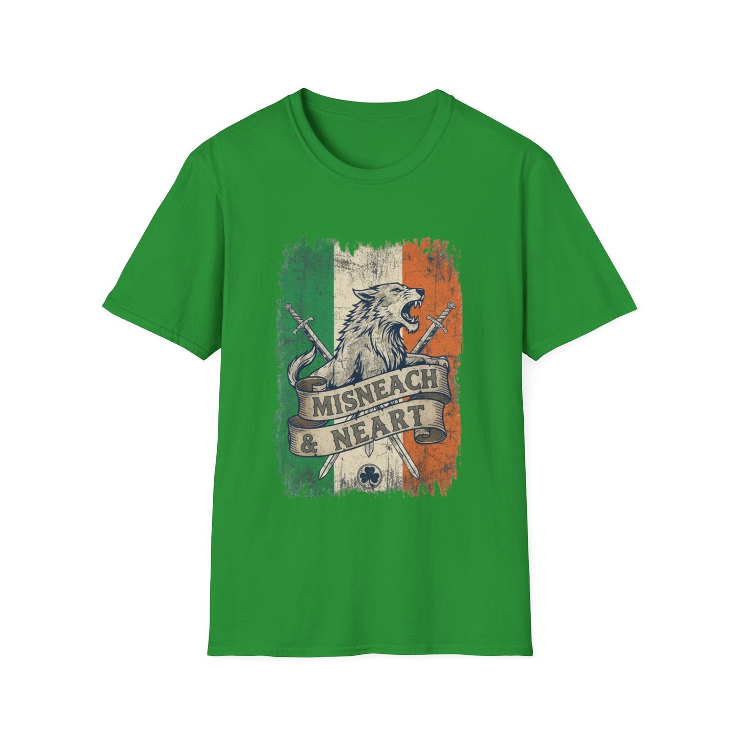 Irish Wolf Misneach & Neart T-Shirt - Distressed Ireland Flag Graphic Tee
Product Description
