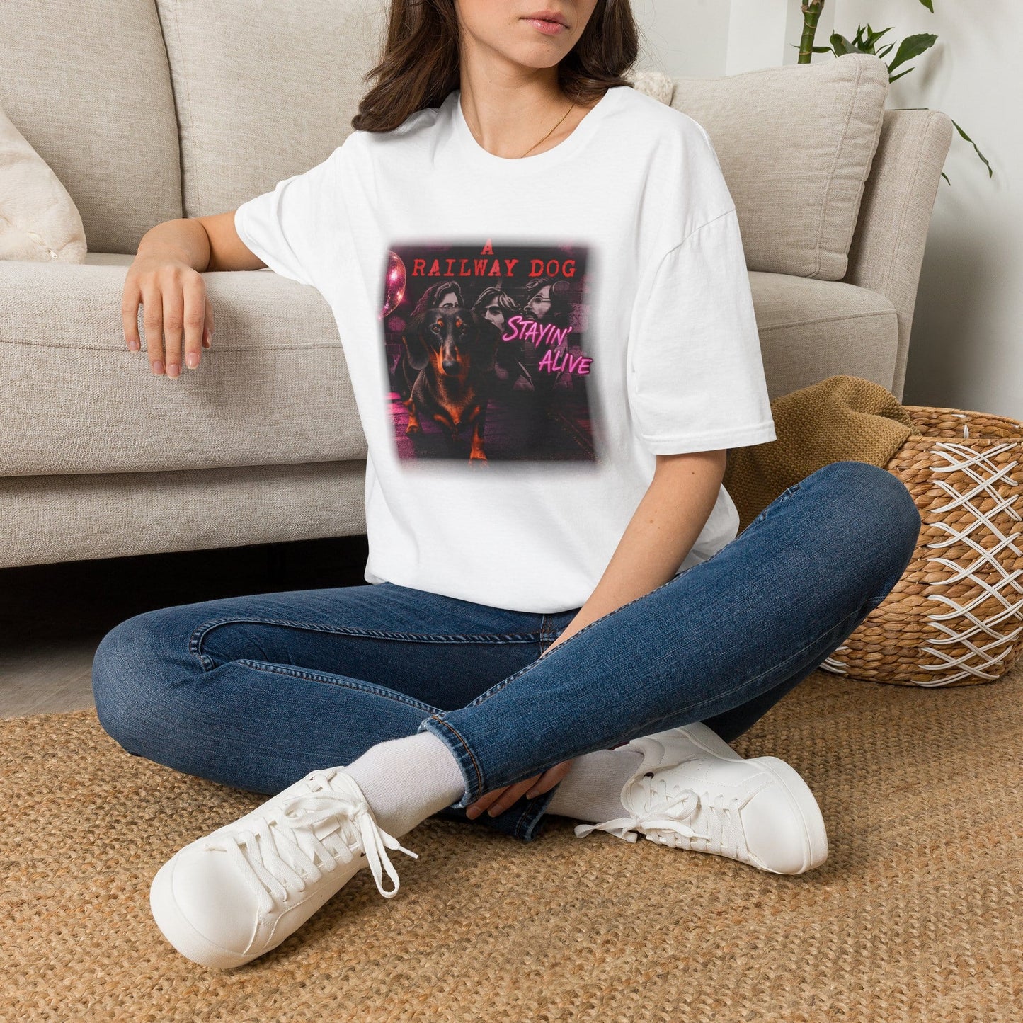 Dachshund Railway Dog Stayin' Alive T-Shirt | Retro Band Graphic Tee