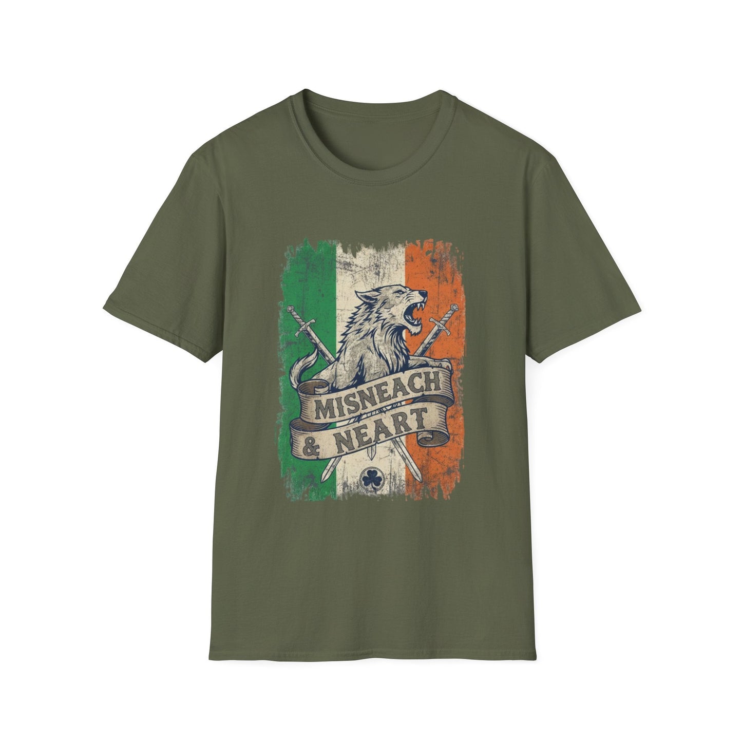 Irish Wolf Misneach & Neart T-Shirt - Distressed Ireland Flag Graphic Tee
Product Description