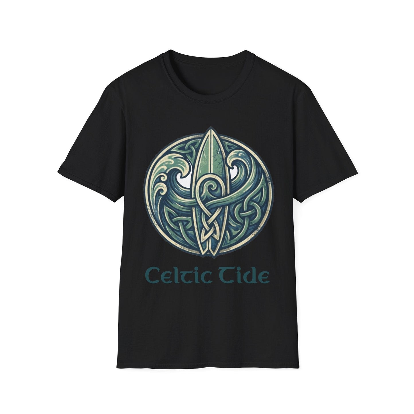 Black t-shirt with Celtic design and 'Celtic Tide' text on a white background