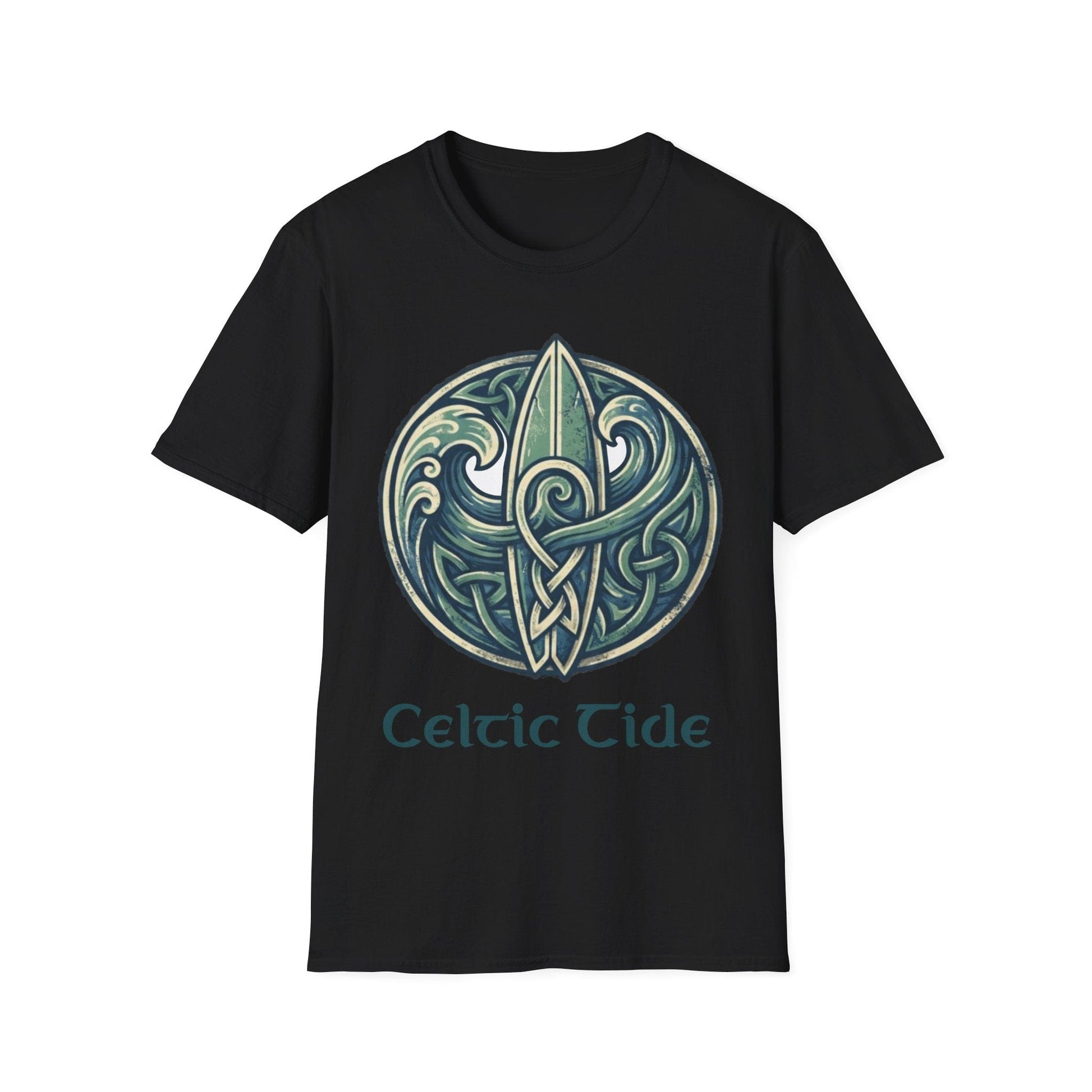 Black t-shirt with Celtic design and 'Celtic Tide' text on a white background