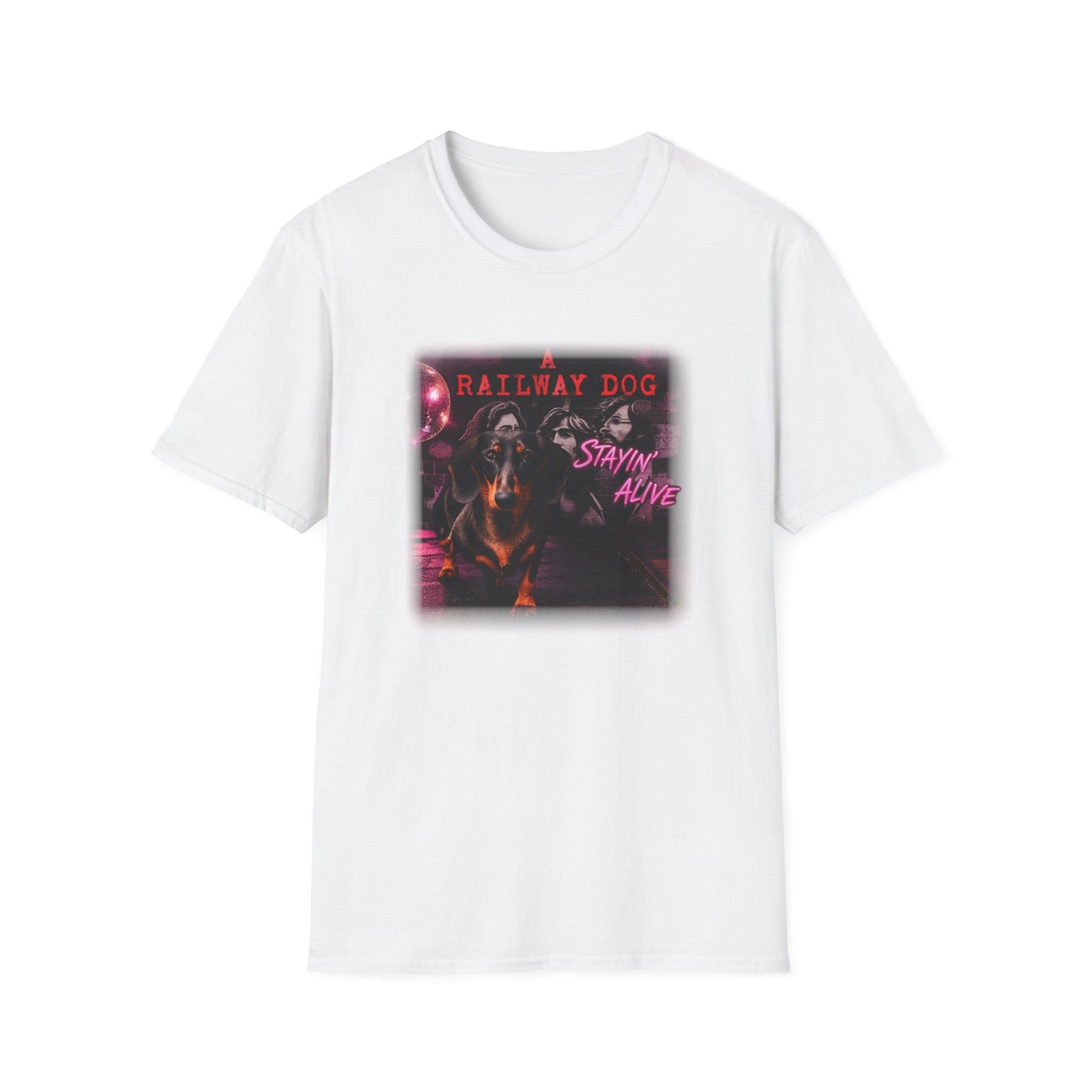 Dachshund Railway Dog Stayin' Alive T-Shirt | Retro Band Graphic Tee