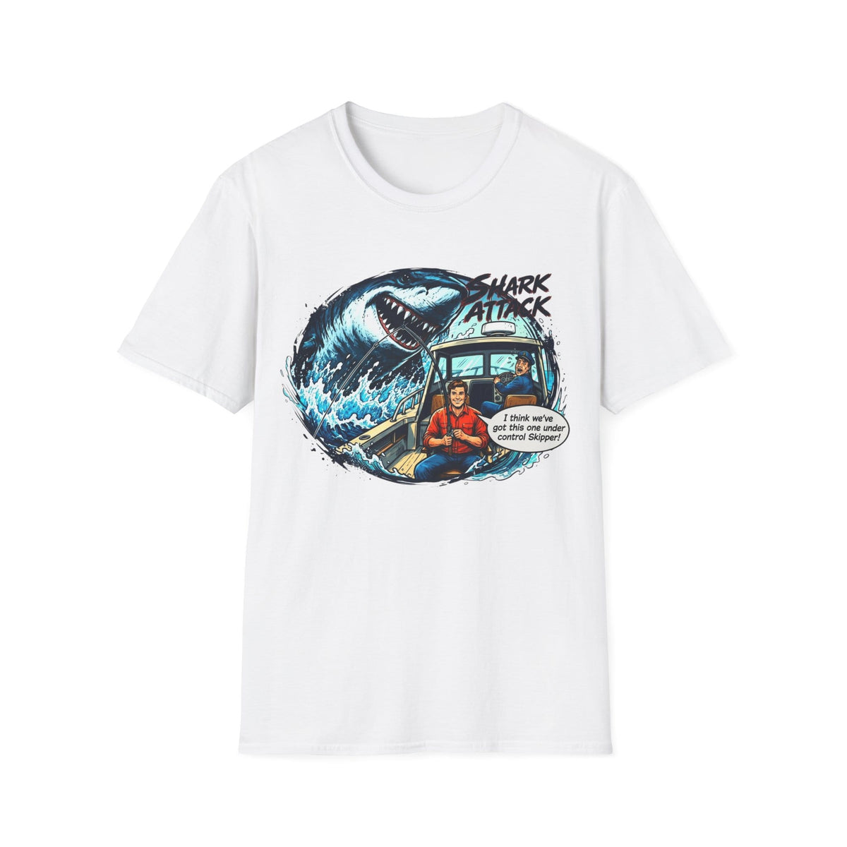 Shark Attack Fishing Graphic T-Shirt | Retro Boat Comic Humor Tee