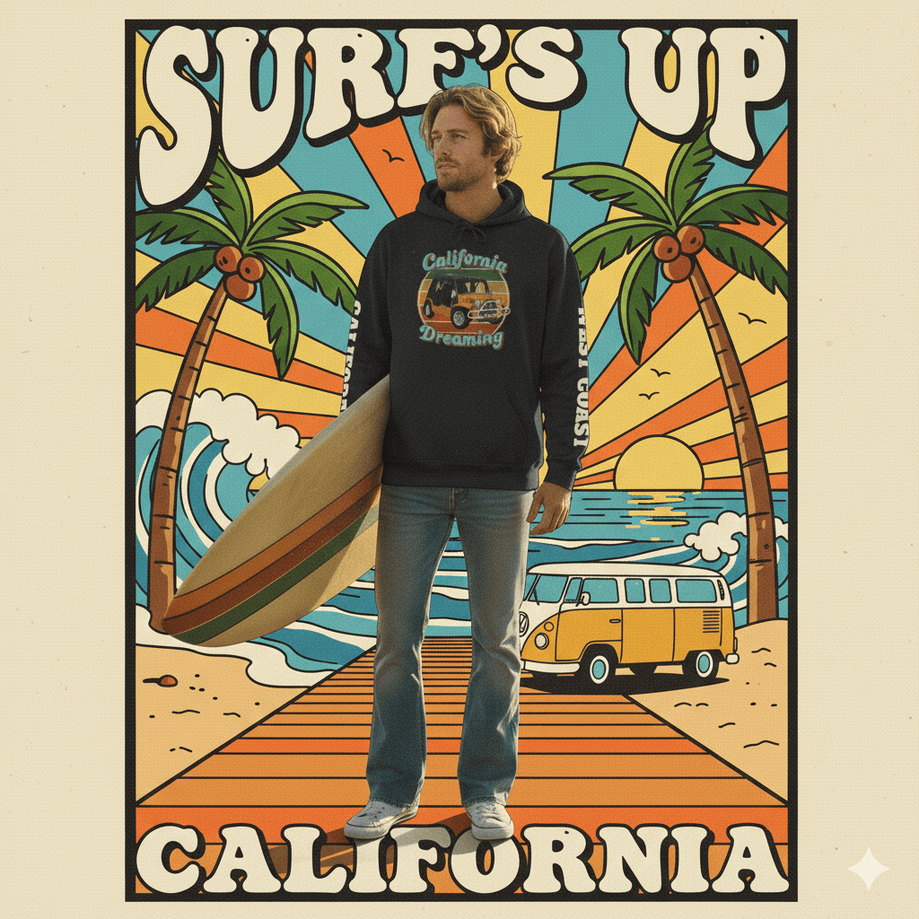 Person holding a surfboard with a retro-style 'Surf's Up California' design featuring palm trees, a van, and beach scene.