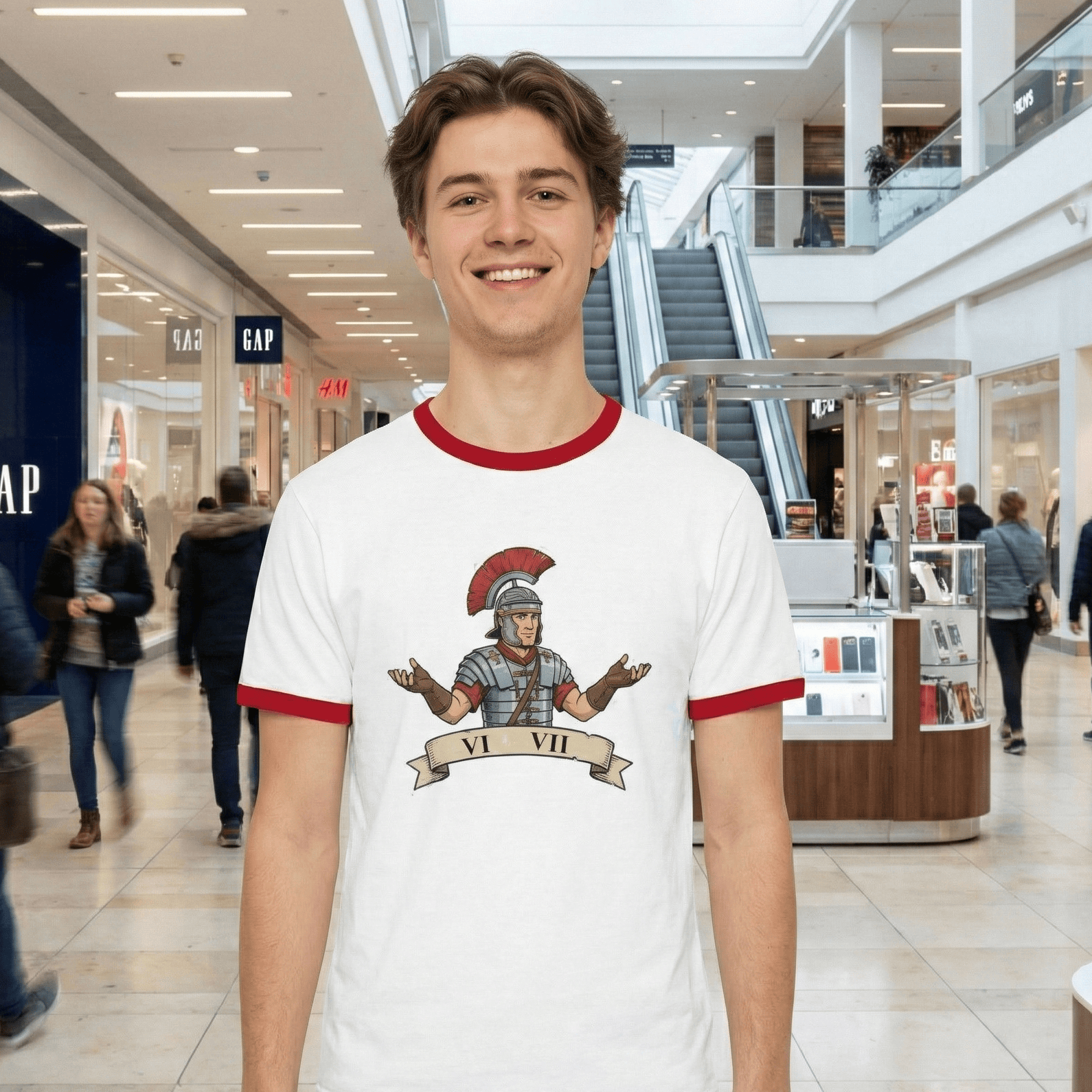 Person wearing a white t-shirt with a 6 7 graphic design in a shopping mall.