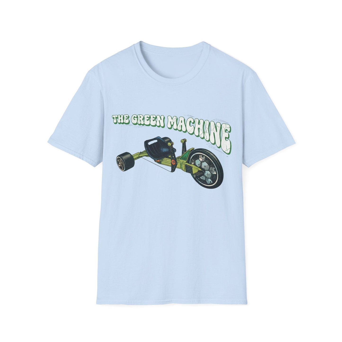 Light blue t-shirt with a graphic of a green machine and text 'The Green Machine' on a white background