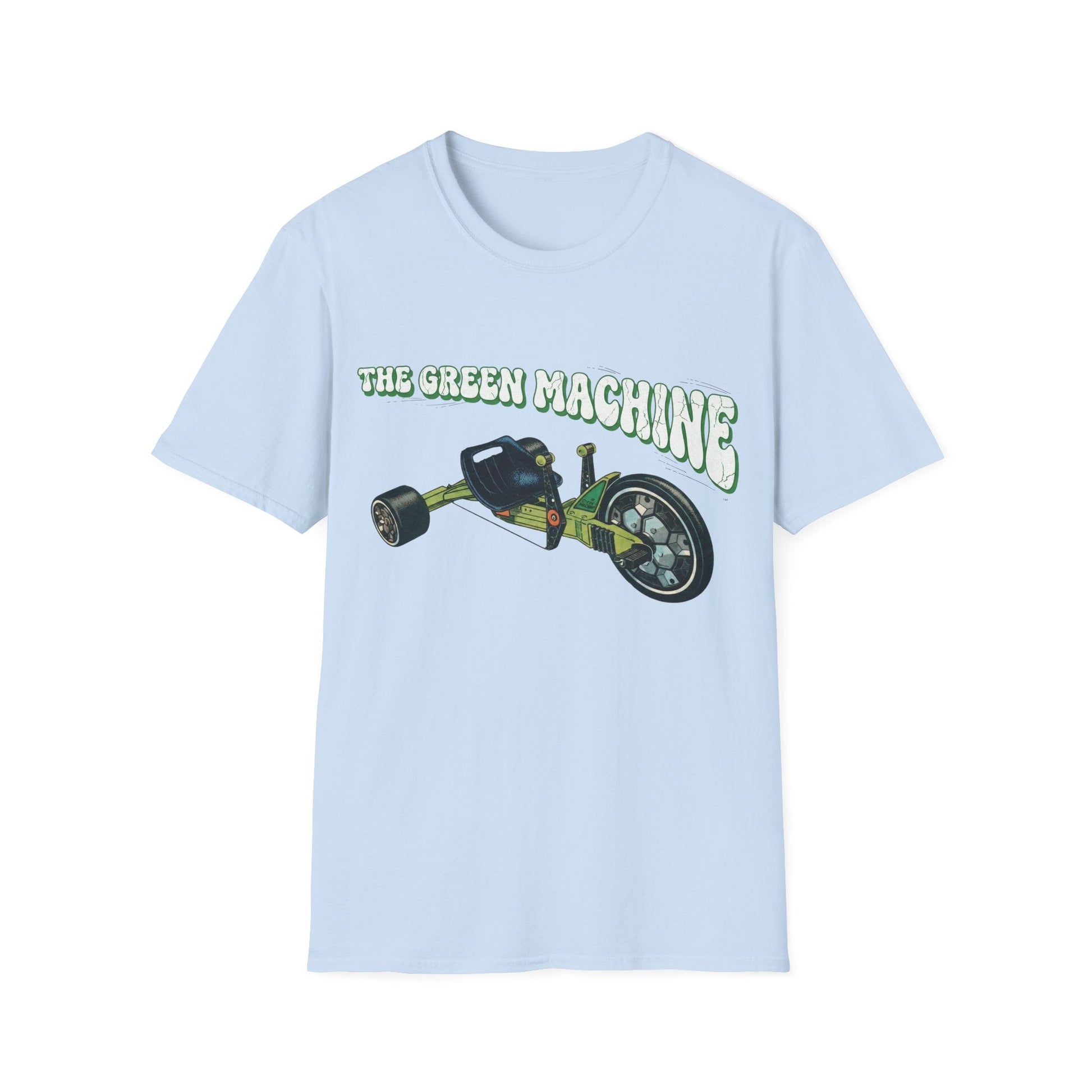 Light blue t-shirt with a graphic of a green machine and text 'The Green Machine' on a white background