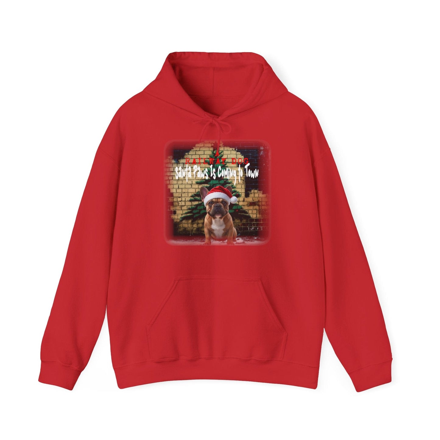 Red hoodie with a graphic of a dog wearing a Santa hat on a white background