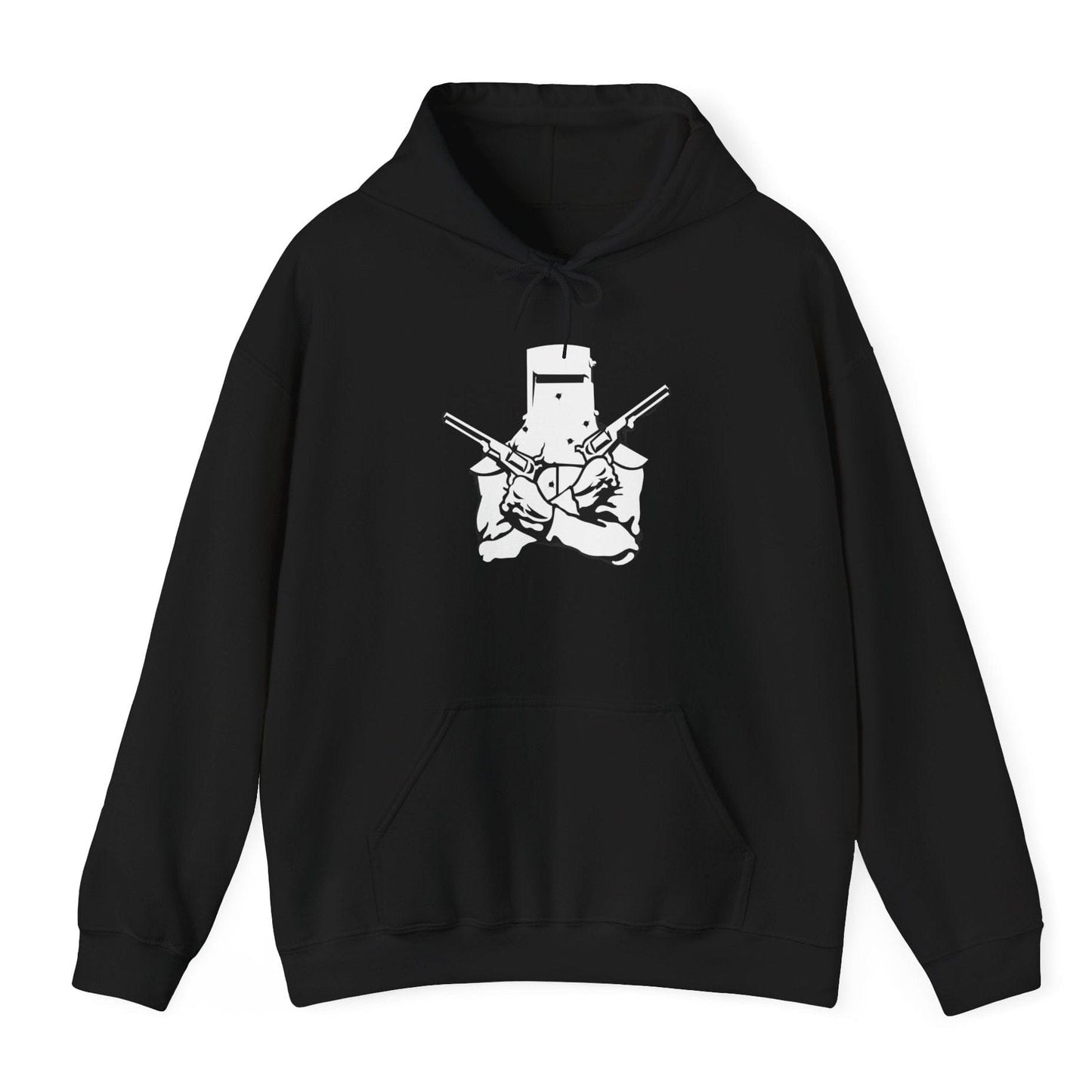Black hoodie with white Ned Kelly Iron Outlaw graphic design on a white background