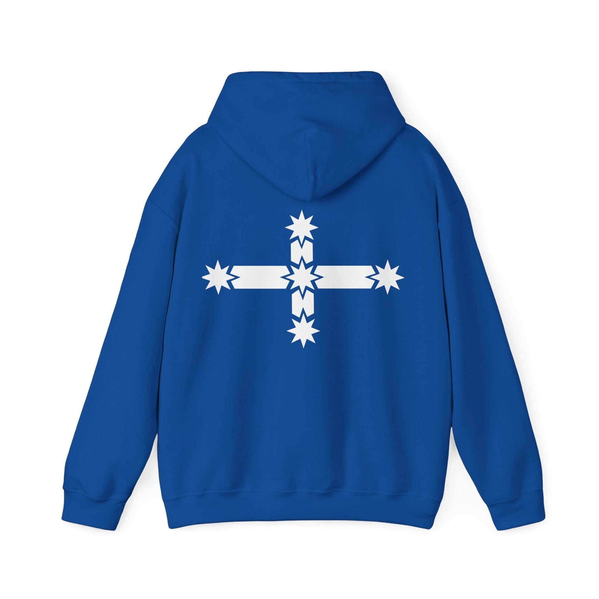 Blue hoodie with a white star design on the back against a white background