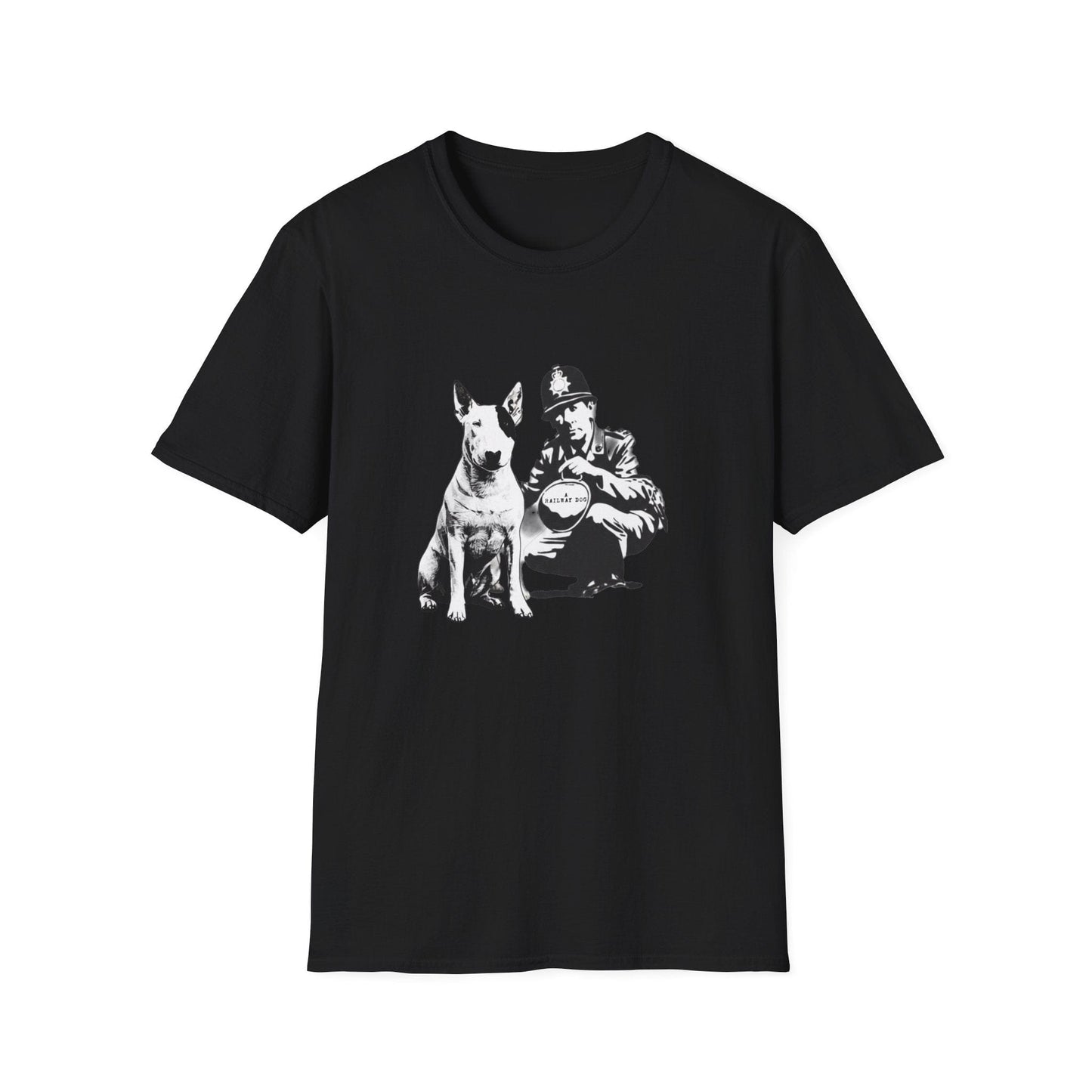 Dog lover graphic T-shirt worn by male model, featuring vintage dog and loyalty-themed illustration.
