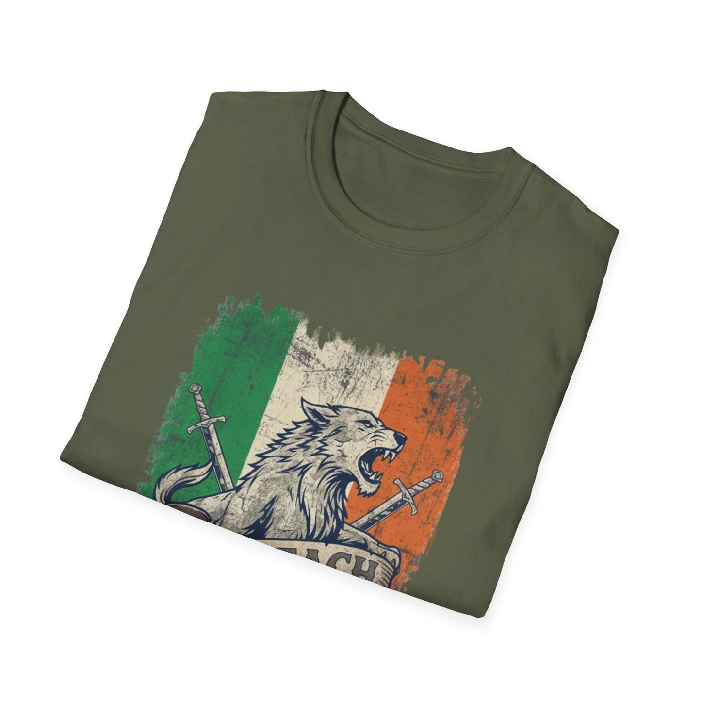 Irish Wolf Misneach & Neart T-Shirt - Distressed Ireland Flag Graphic Tee
Product Description