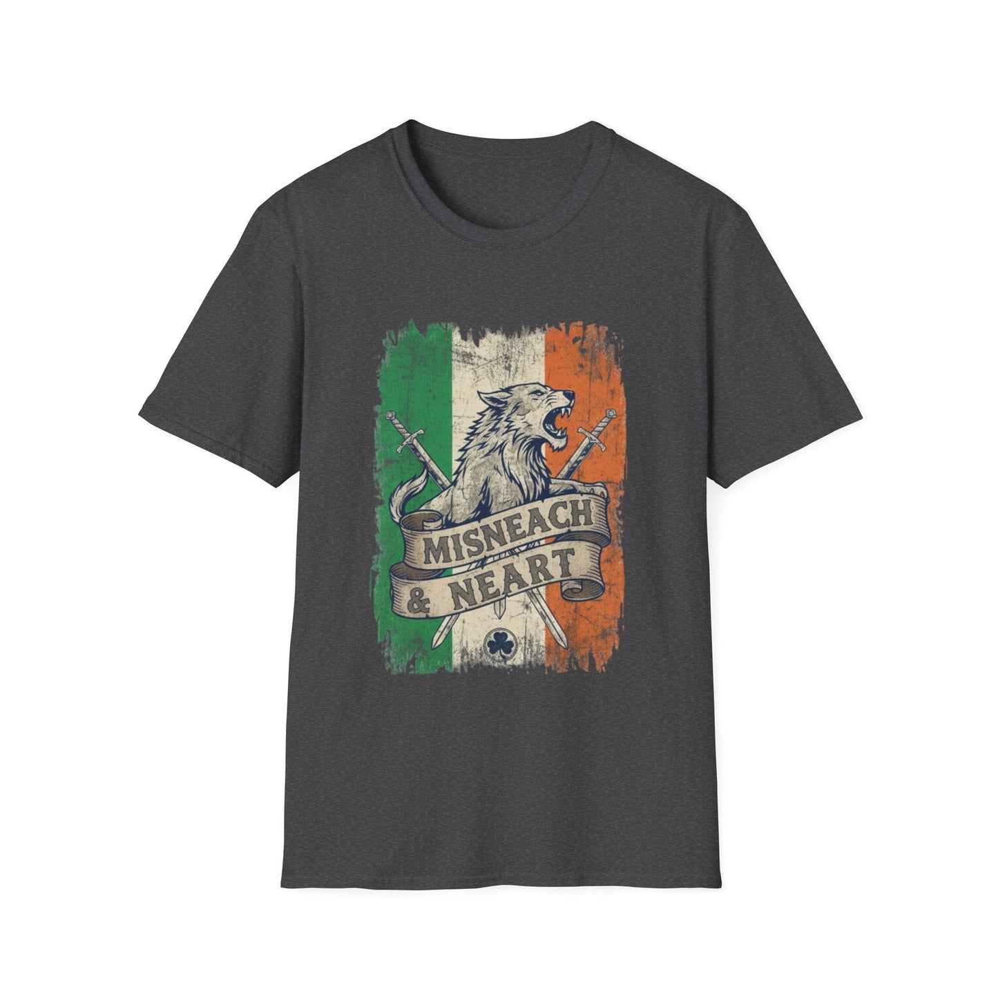 Irish Wolf Misneach & Neart T-Shirt - Distressed Ireland Flag Graphic Tee
Product Description