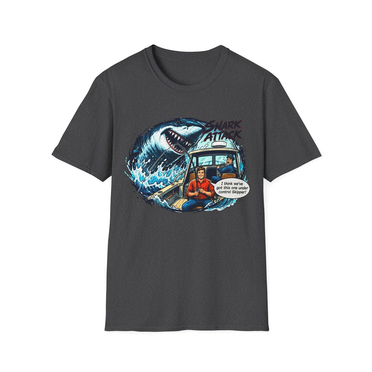 Shark Attack Fishing Graphic T-Shirt | Retro Boat Comic Humor Tee