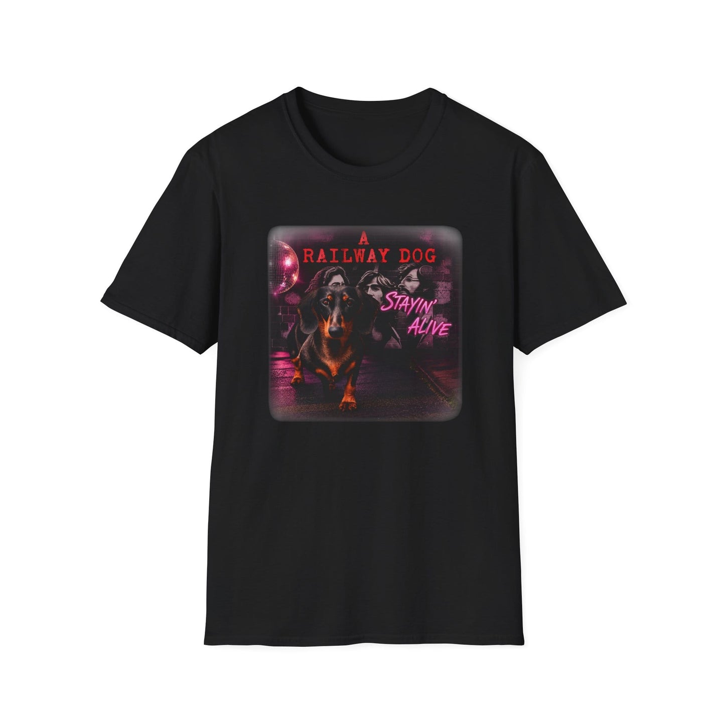 Dachshund Railway Dog Stayin' Alive T-Shirt | Retro Band Graphic Tee