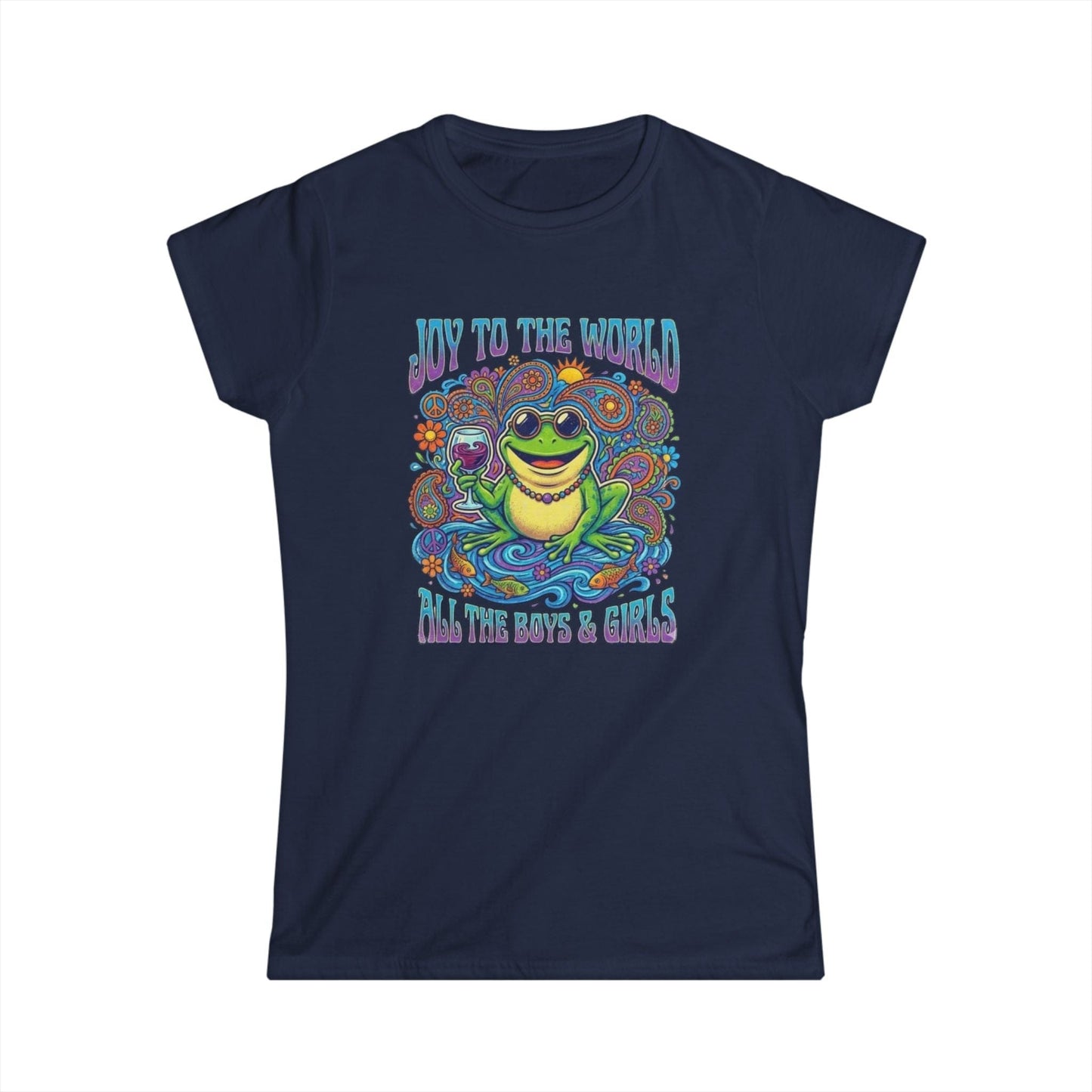 Joy to the World Frog Graphic Tee – Psychedelic Retro Women’s T-Shirt