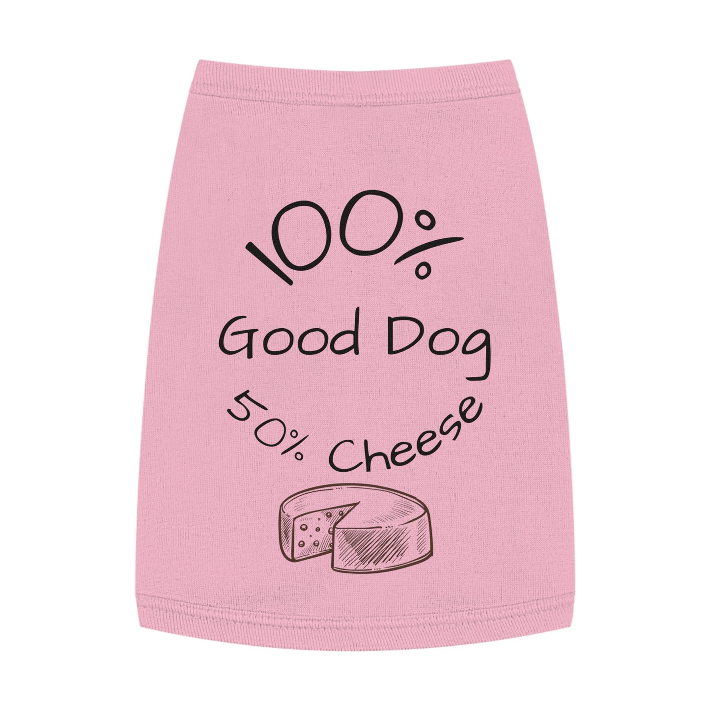 Pink pet dress with '100% Good Dog, 50% Cheese' text and cheese illustrations on a white background