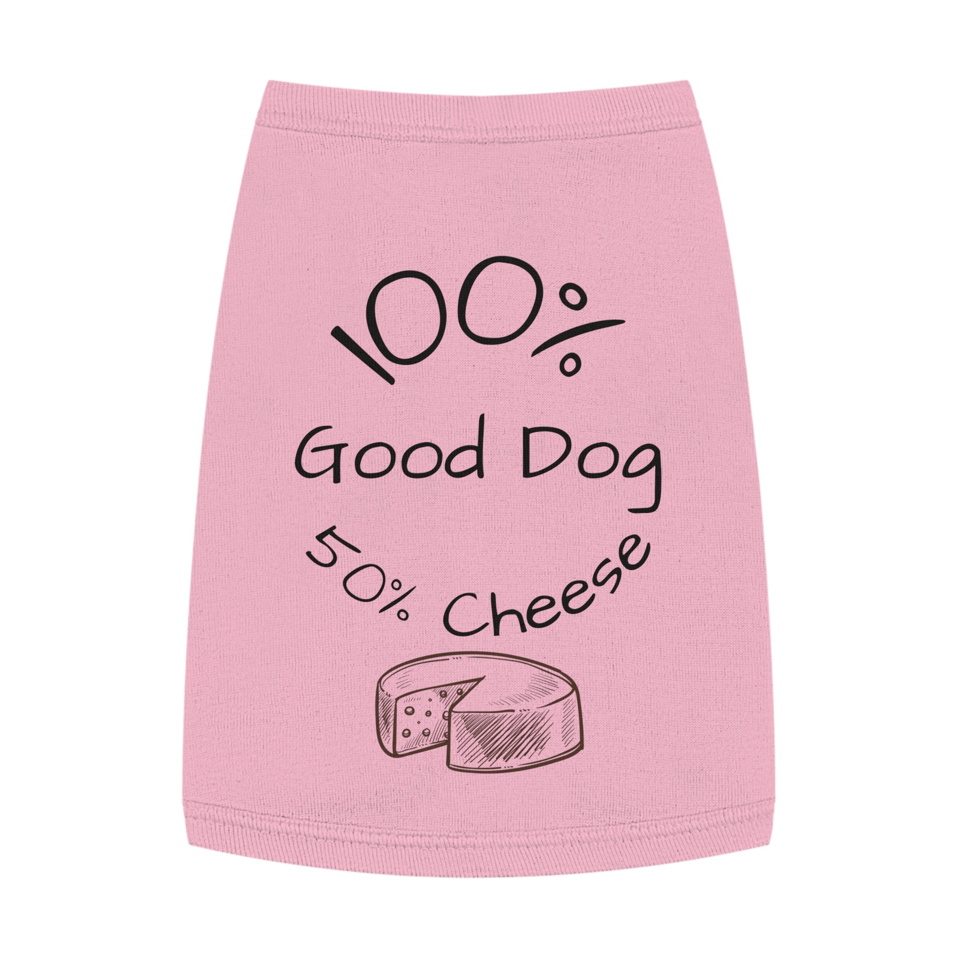 Pink pet dress with '100% Good Dog, 50% Cheese' text and cheese illustrations on a white background
