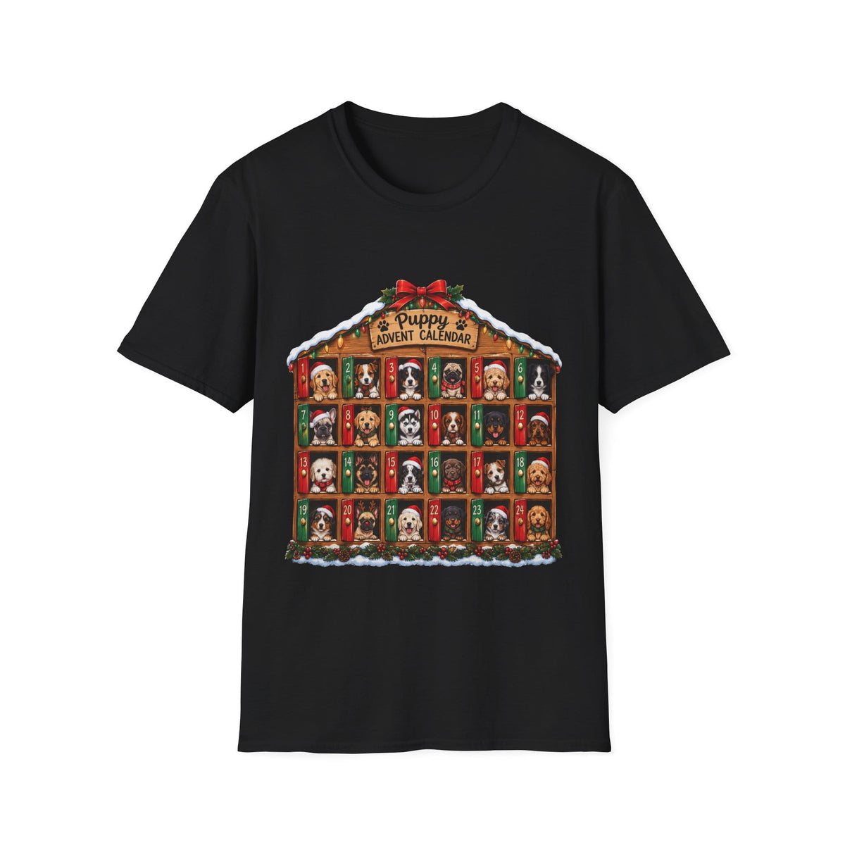 Puppy Advent Calendar Christmas T-Shirt – Festive Dog Lover Graphic Tee