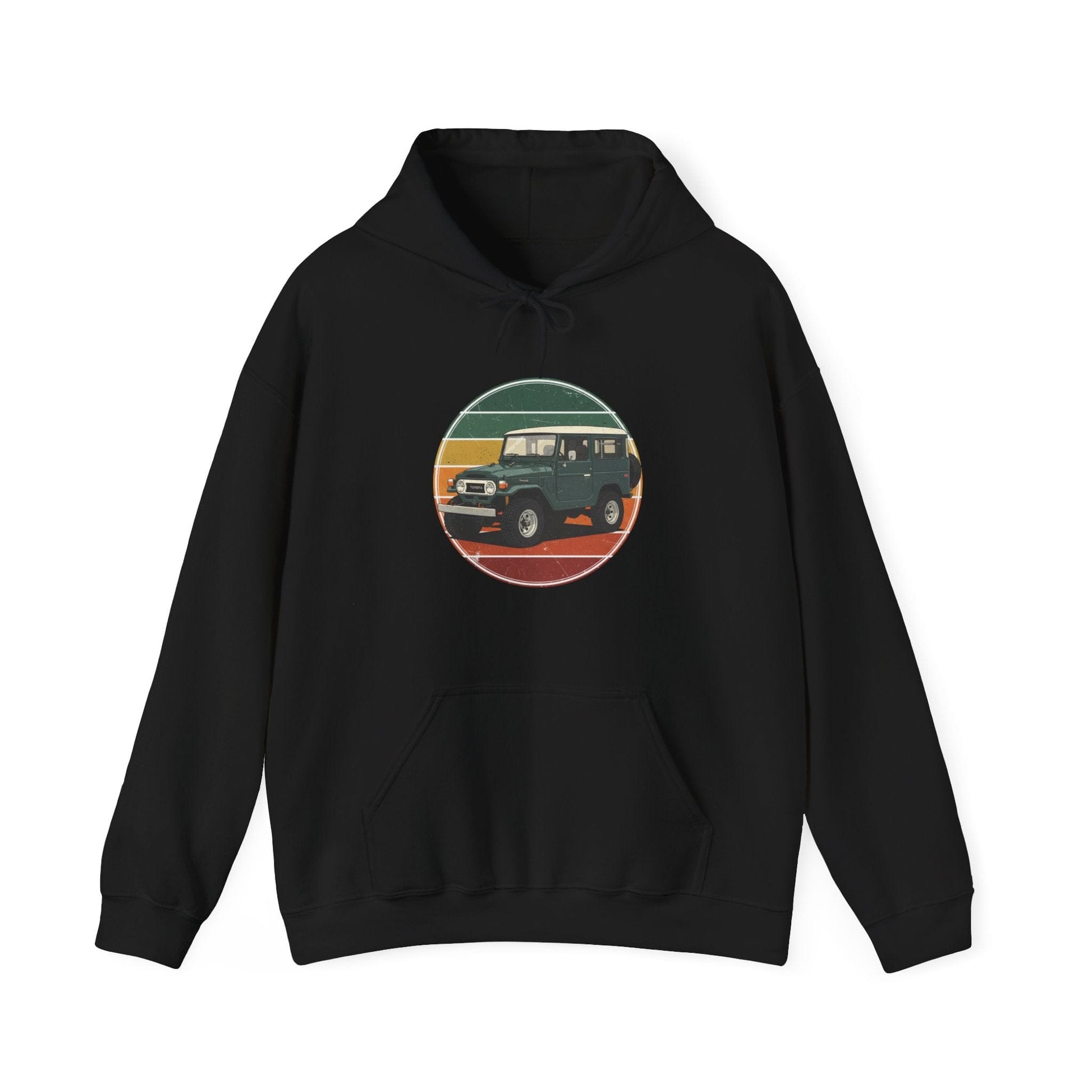 Black hoodie with a vintage-style graphic of a car on a white background