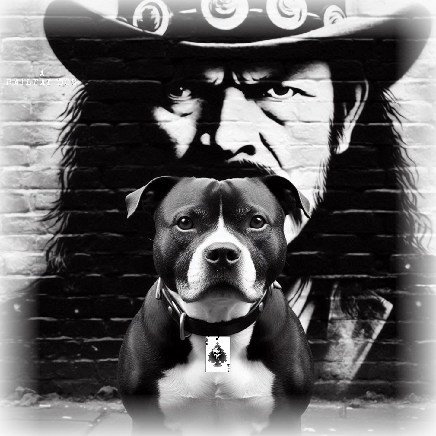 A Staffordshire Bull Terrier and Lemmy Kilmister, the iconic Motörhead singer, share a t-shirt design.