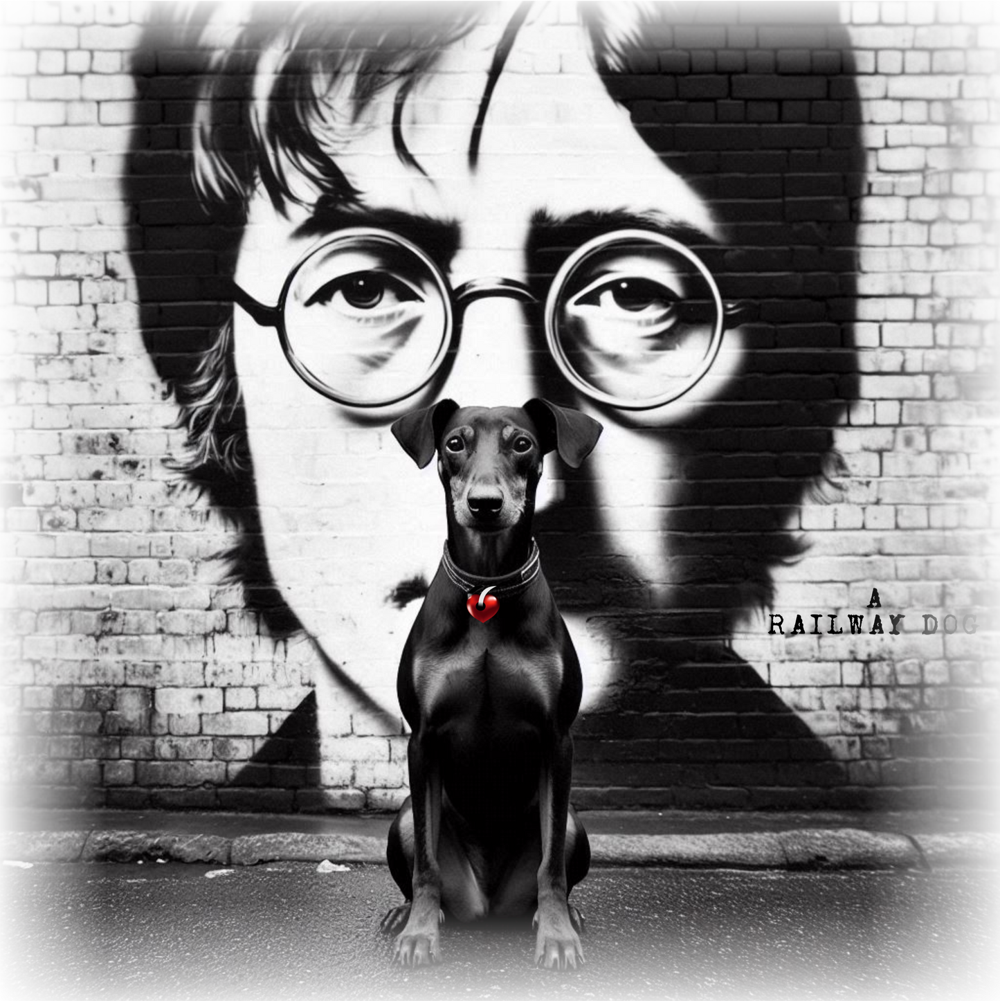 Graphic T-shirt featuring a Manchester Terrier in tribute to John Lennon, with a stylish and artistic design inspired by the iconic musician.