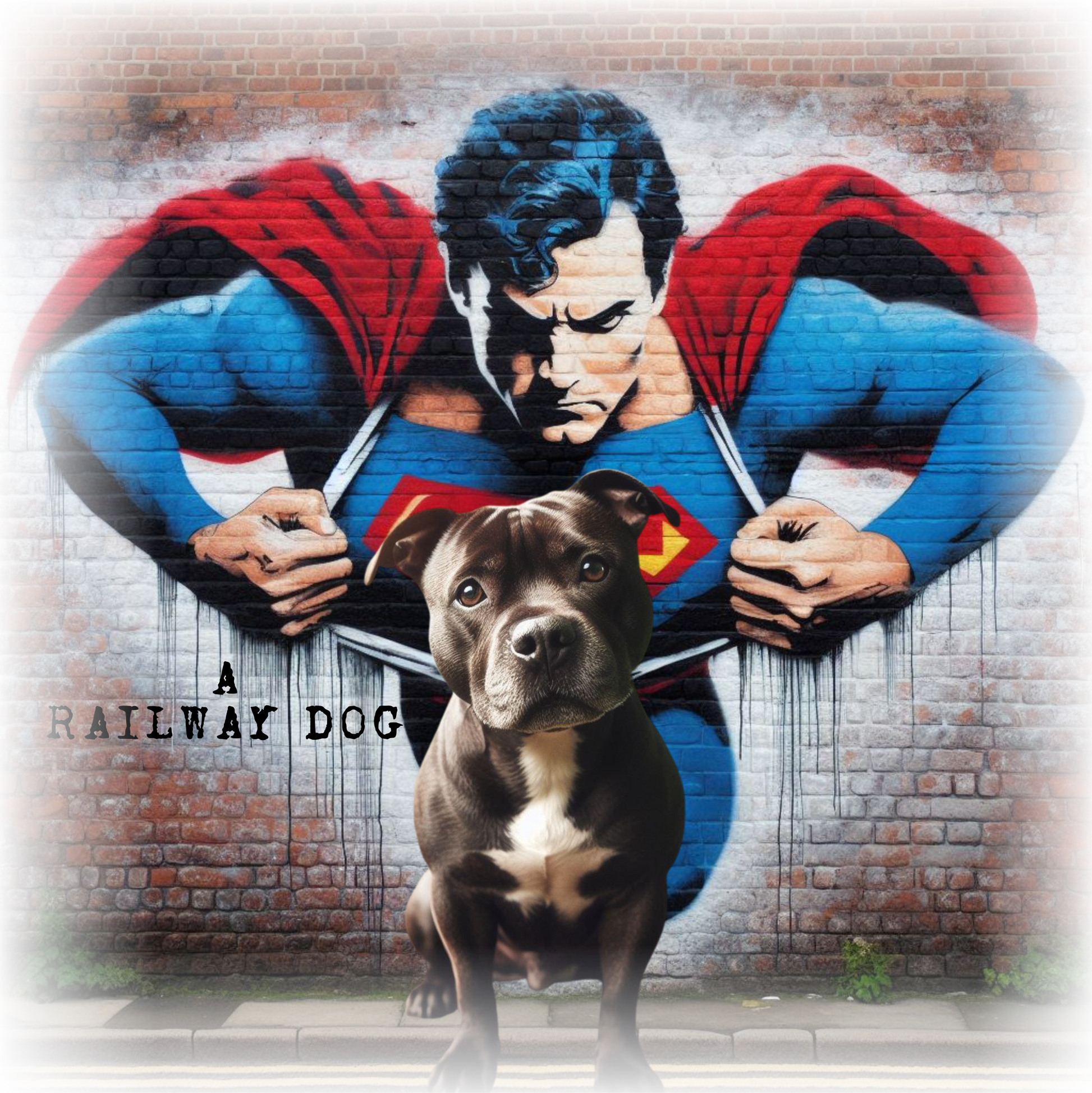 Graphic T-shirt featuring a playful Staffordshire Bull Terrier in a Superman costume, with a bold and colorful comic book style design.