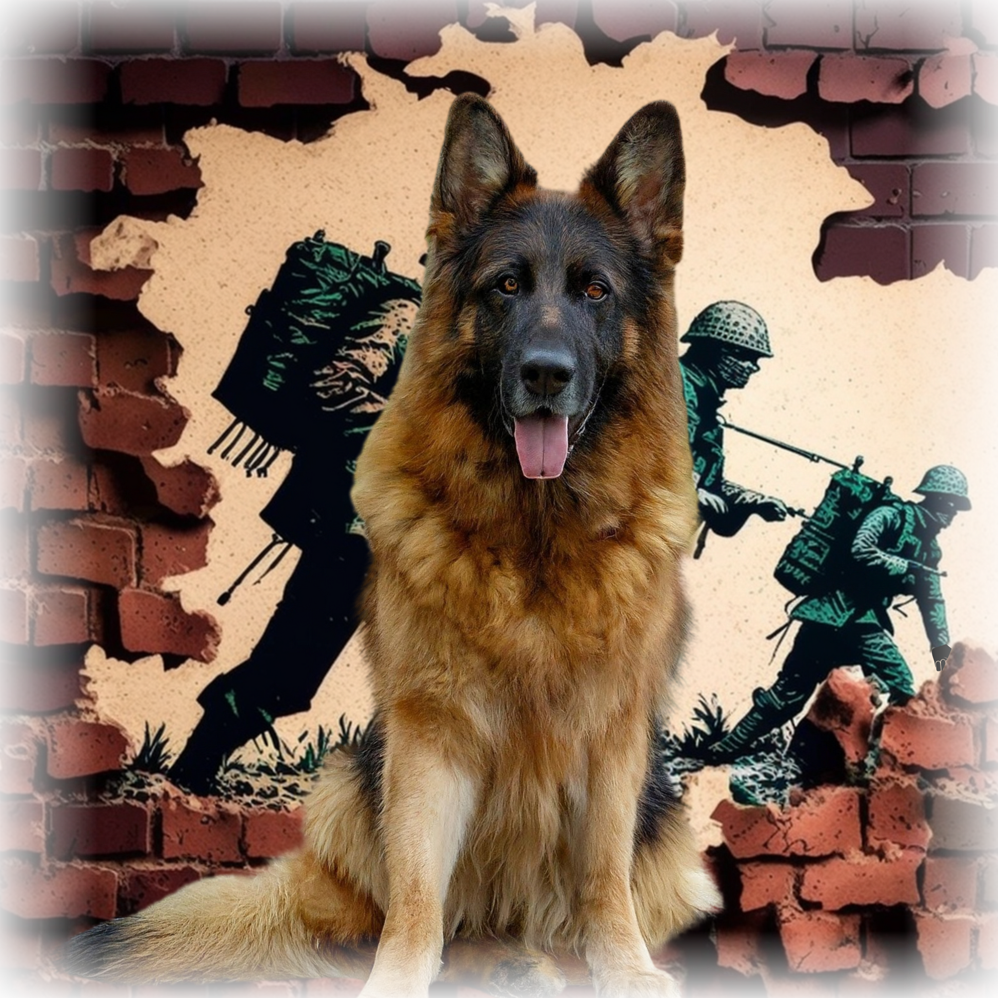 T-shirt with a graphic image of a German Shepherd dog in a military setting.