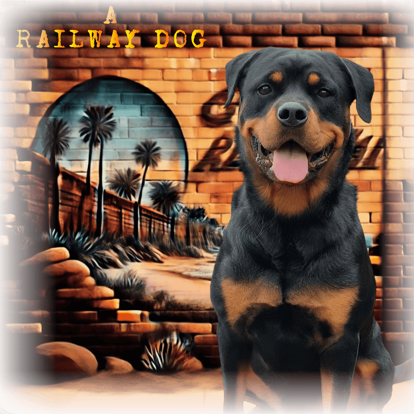 A t-shirt featuring a Rottweiler dog with a relaxed California vibe.