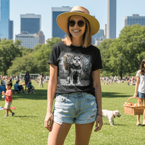 A smiling woman in a straw hat and black Schnauzer t-shirt stands in Central Park’s Sheep Meadow, with dogs playing on the grass and the Manhattan skyline in the background.