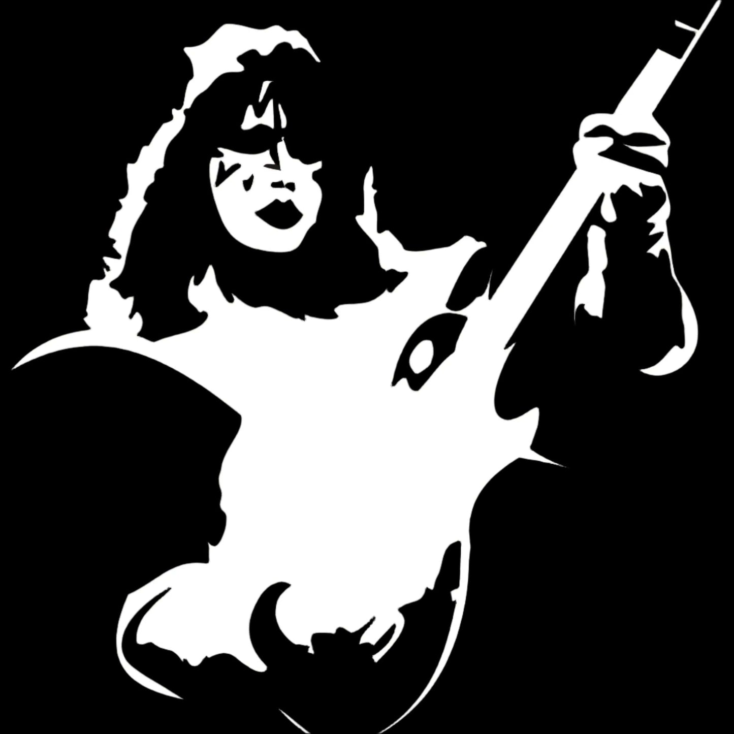 Black and white illustration of Ace Frehley  with a guitar on a black background