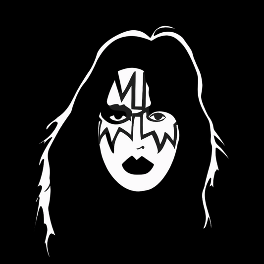 White Ace Frehley design with long hair on a black background