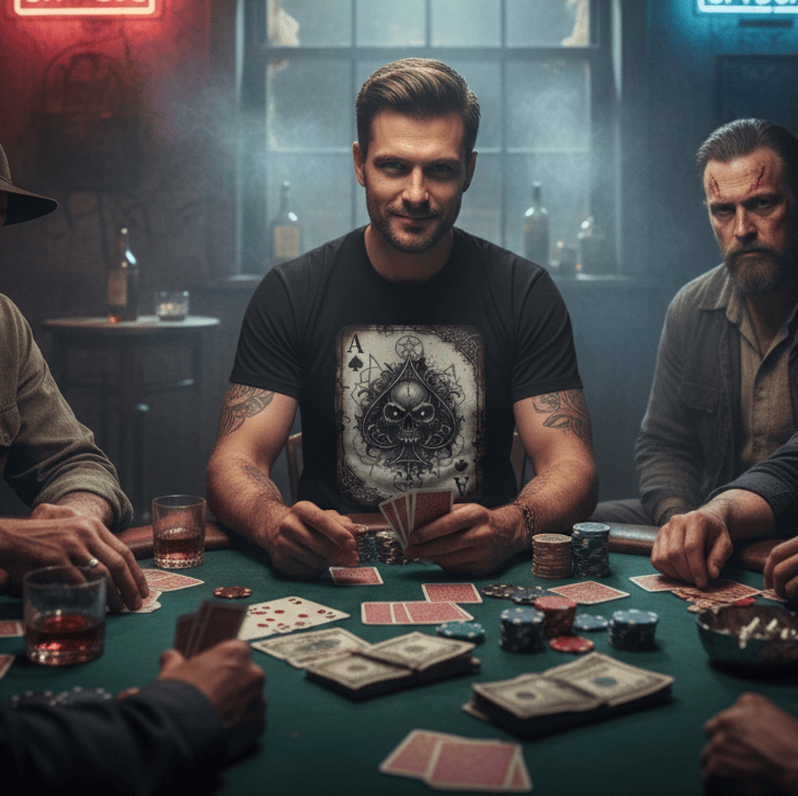 Men playing poker wearing an Ace of Spades tshirt in a dimly lit room with neon signs on the walls.