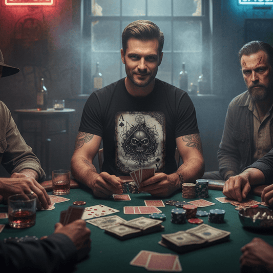 Men playing poker wearing an Ace of Spades tshirt in a dimly lit room with neon signs on the walls.