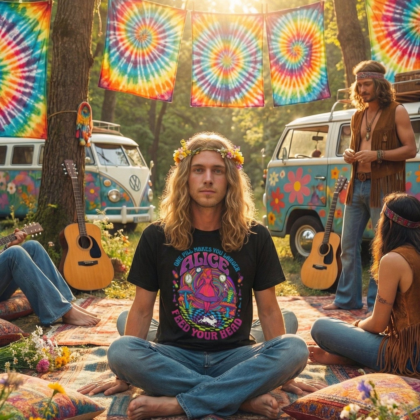 Hippie gathering with tie-dye flags, VW buses, and people playing instruments in a forest setting.