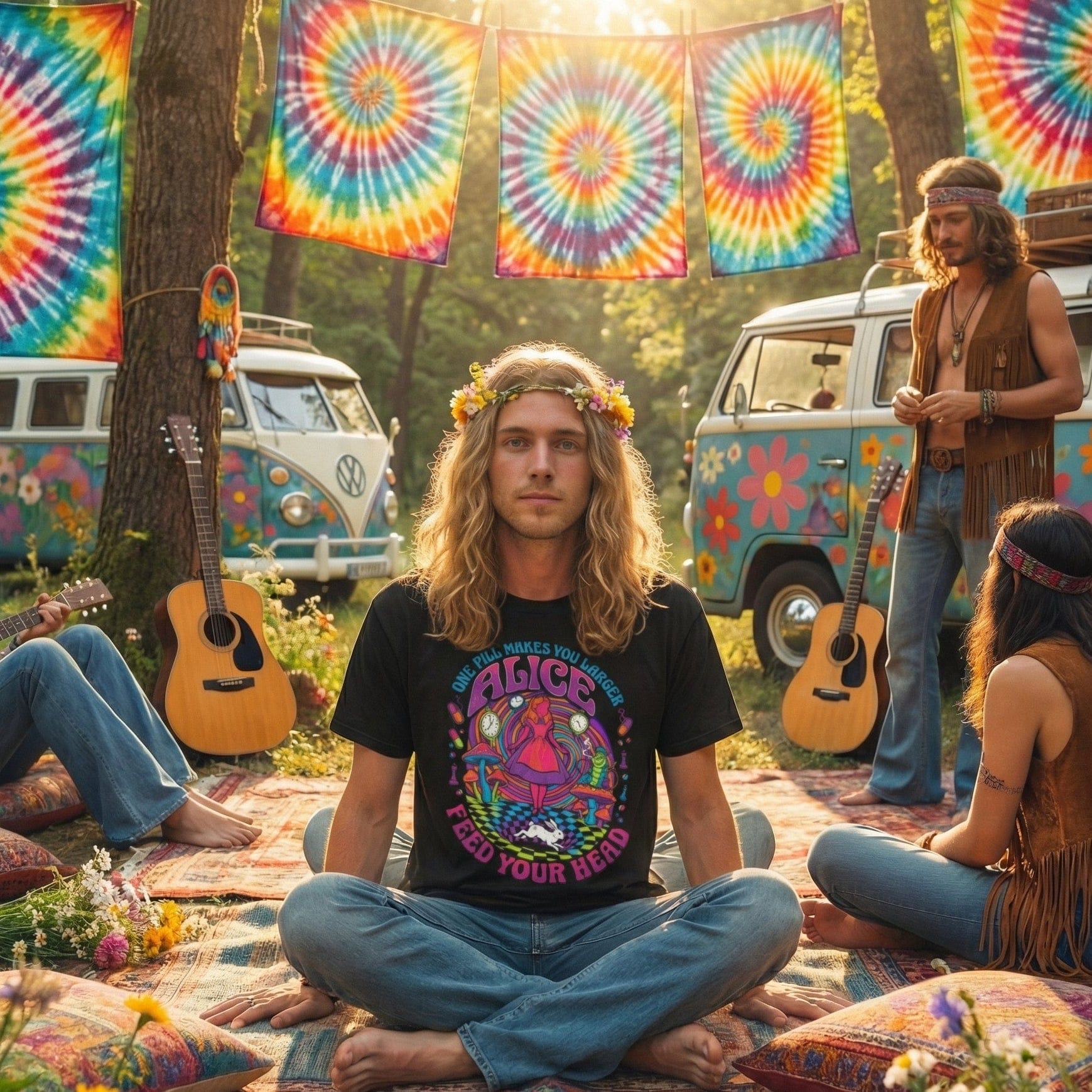 Hippie gathering with tie-dye flags, VW buses, and people playing instruments in a forest setting.