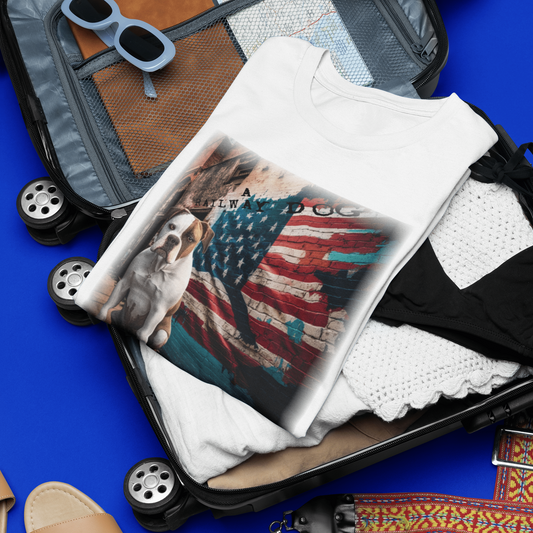 Flat-lay travel packing mockup featuring a white graphic t-shirt folded inside an open rolling suitcase on a blue floor, showing an American Bulldog in front of a distressed American flag brick wall mural with "A Railway Dog" stencil text.