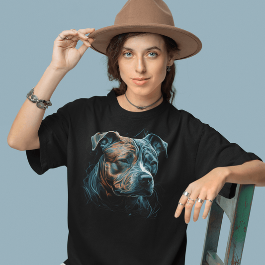 Woman wearing a brown fedora hat and a black graphic t-shirt featuring an artistic, abstract swirling line-art portrait of a Staffordshire Bull Terrier in electric blue and bronze tones.