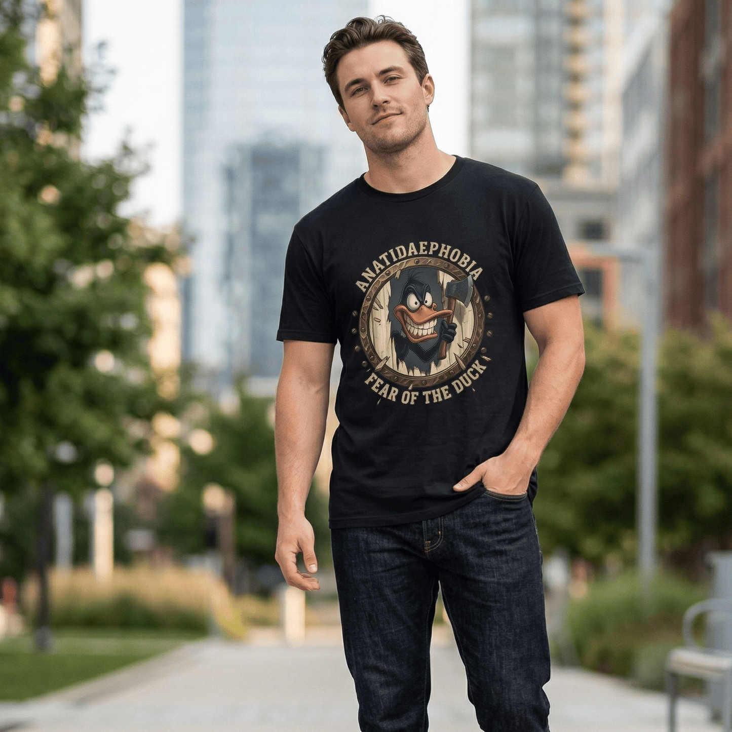 A man in a black t-shirt with a humorous cartoon duck and axe design stands on a city path.
