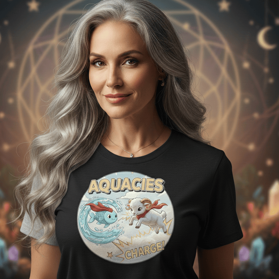 Woman wearing a black t-shirt with Aquarius design against a mystical background