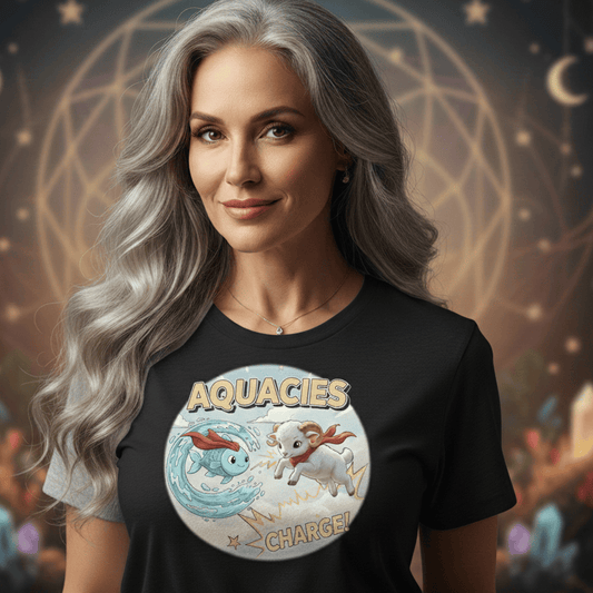 Woman wearing a black t-shirt with Aquarius design against a mystical background