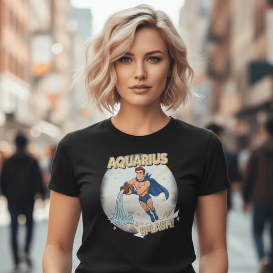 A blonde woman with a short, wavy bob hairstyle wearing a black fitted t-shirt. The shirt features a circular cartoon graphic of a male superhero pouring water from a jar with the word 'AQUARIUS' above and 'SPLASH!' in a comic-style burst below. She is standing on a busy, sunlit city street with a blurred urban background.
