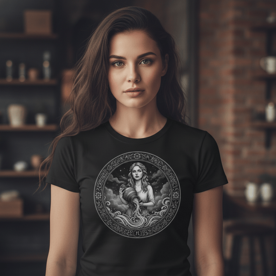 A medium shot of a young woman with long, wavy brown hair wearing a fitted black t-shirt. Centered on the chest of the t-shirt is a detailed, circular monochrome graphic of a woman pouring water from a jug, surrounded by celestial and floral motifs. The model has a neutral expression and is standing in a softly blurred indoor setting with brick walls and shelving in the background.