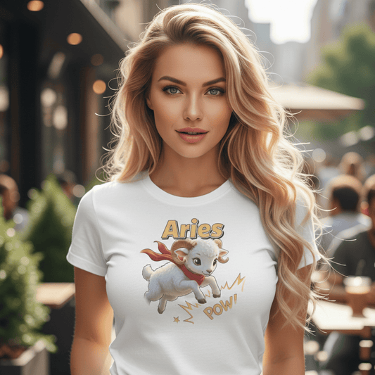 A blonde woman with a natural look and wavy hair wearing a white fitted t-shirt featuring a cartoon Aries zodiac design. The design shows a cute ram with a red cape and the word 'POW!', set against a blurred outdoor cafe background