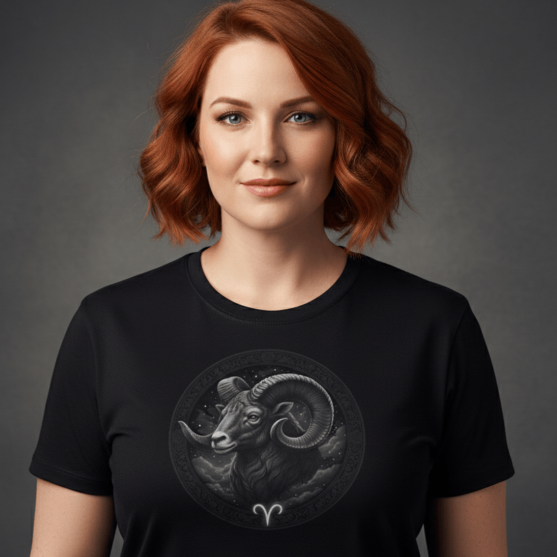 A woman with wavy, shoulder-length red hair wearing a black t-shirt featuring a circular graphic of a ram, symbolizing the Aries zodiac sign. The illustration is highly detailed in a monochromatic, etched style, set against a dark, moody studio background.