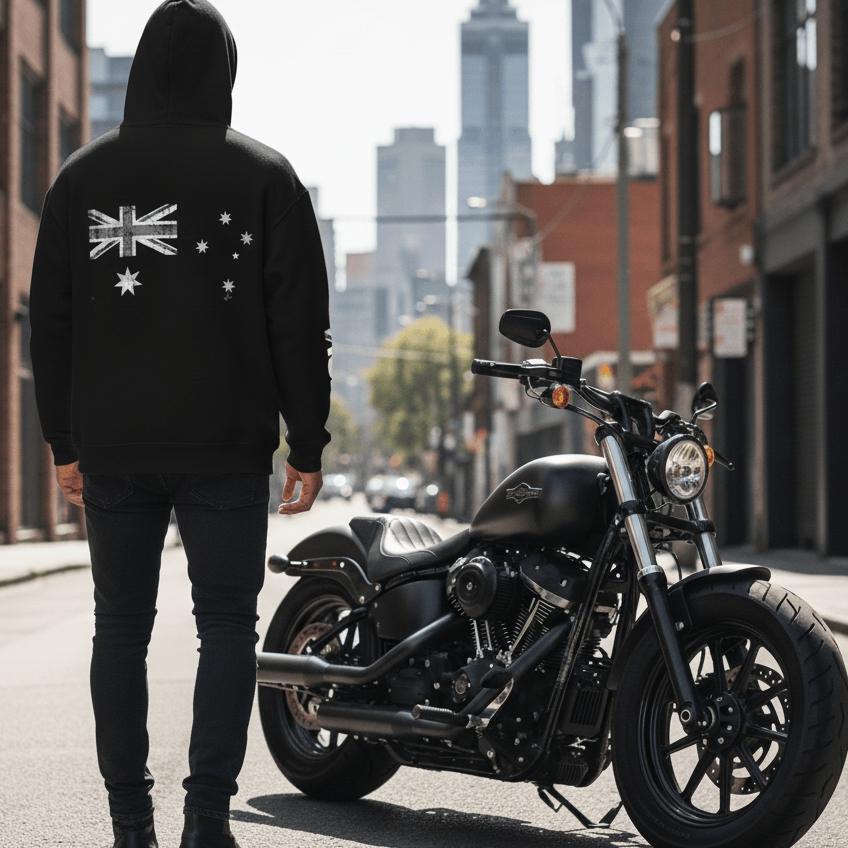 A black hoodie viewed from the back, featuring a distressed, monochromatic white Australian flag printed across the center. The left sleeve has the word "AUSSIE" printed vertically in bold white capital letters, and the right sleeve has the word "PRIDE" printed vertically in the same style. The hoodie is laid flat against a plain white background.
