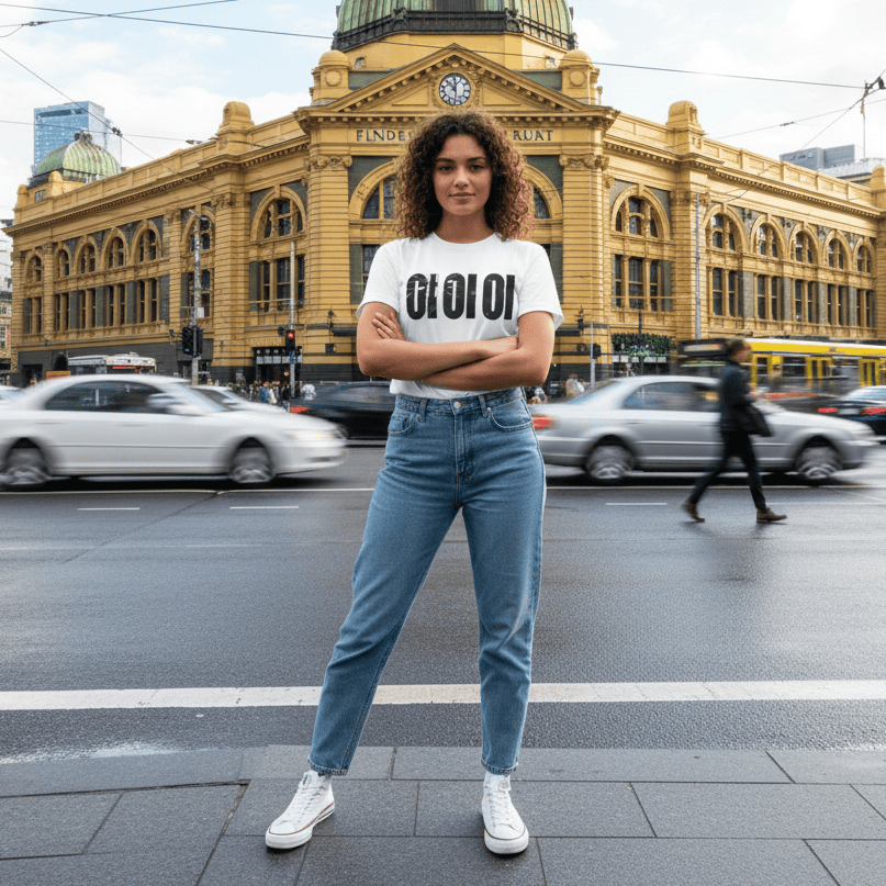 A woman with curly hair wearing a white t-shirt and jeans standing in front of Flinders Street Station in Melbourne, Australia, with city traffic blurred in the background.